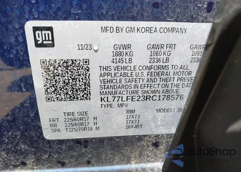 2024 Chevrolet Trax Fwd Sp z USA, uszkodzony, nr VIN KL77LFE23RC178576